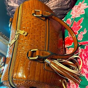 BRAHMIN Croc Embossed Satchel Dark Brown Bag.